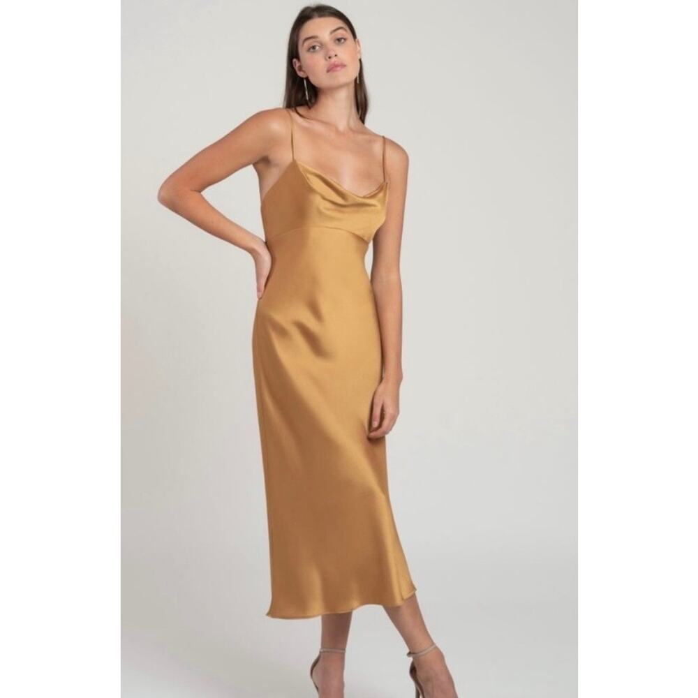 Jenny Yoo Satin Cowl Neck Midi Dress in Mustard Gold